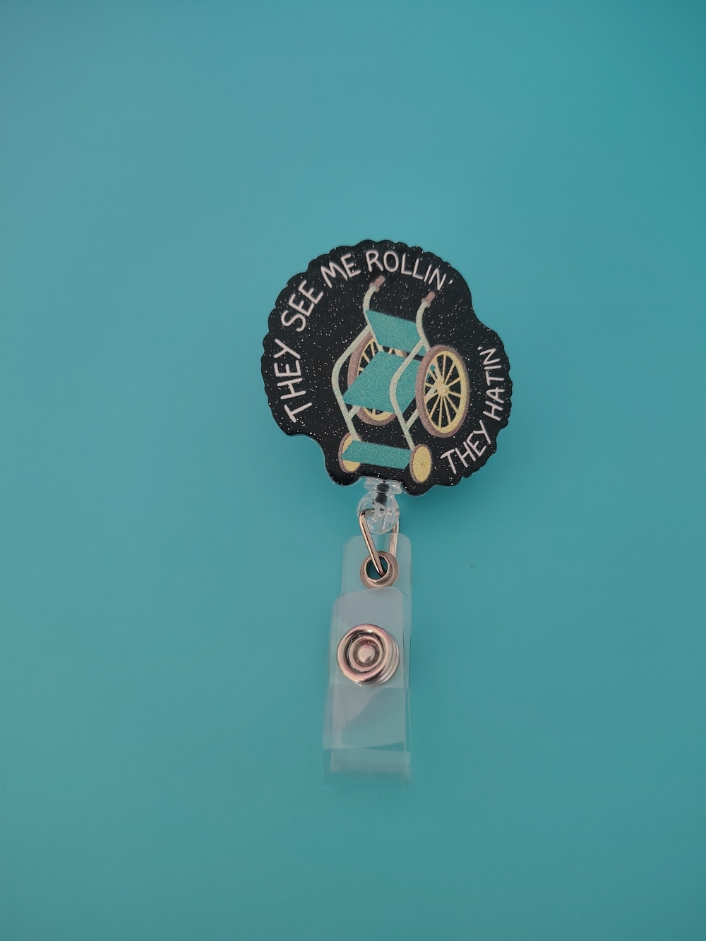 NEW Humorous Wheelchair Badge Reel ID Holder- Rollin'